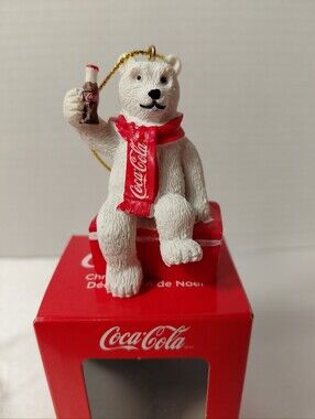 Coca-Cola White Polar Bear Ornament with Red Scarf and Coca Cola Bottle